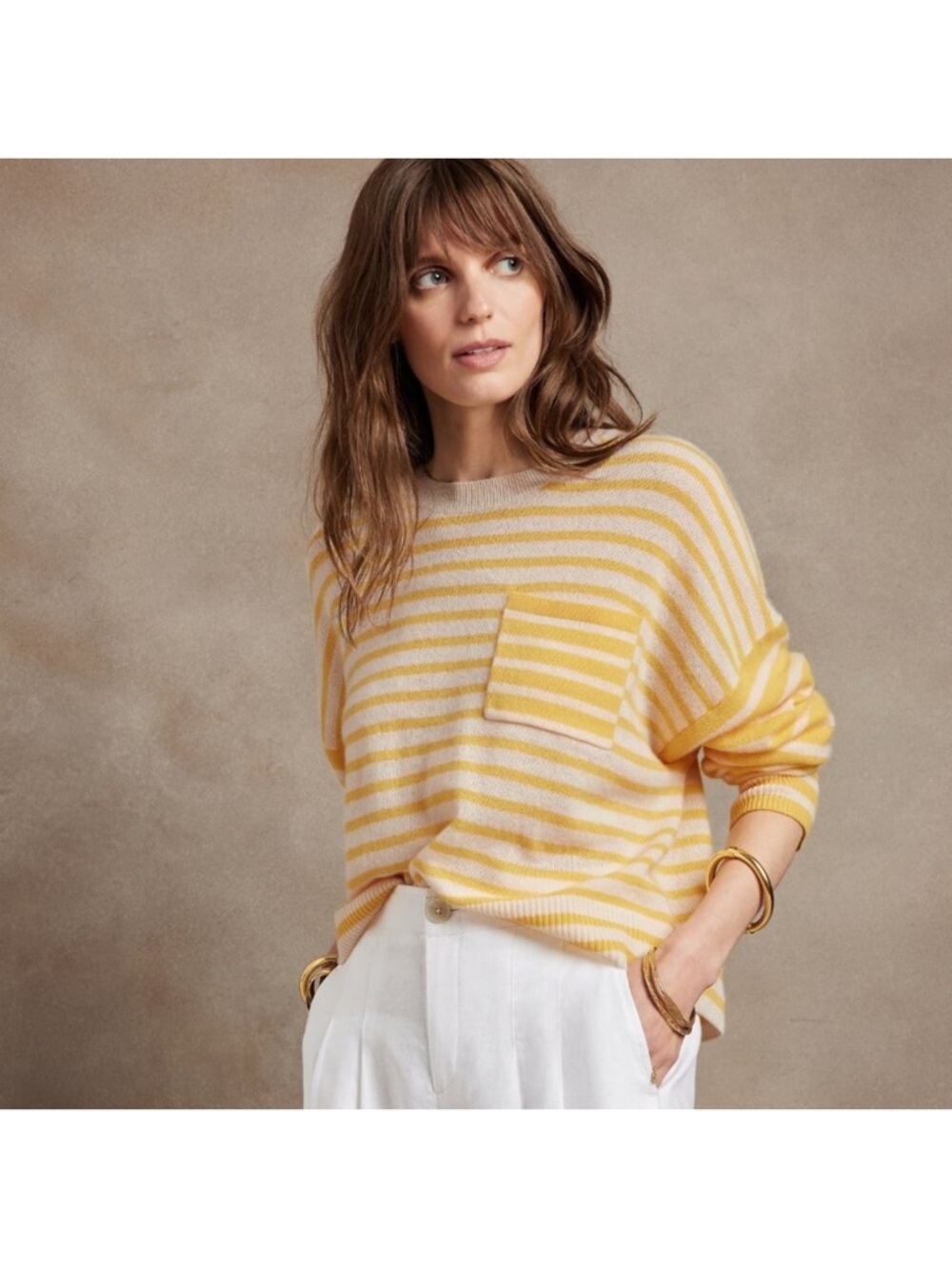 BANANA REPUBLIC 100% Cashmere Yellow and White Striped Sweater Size Small